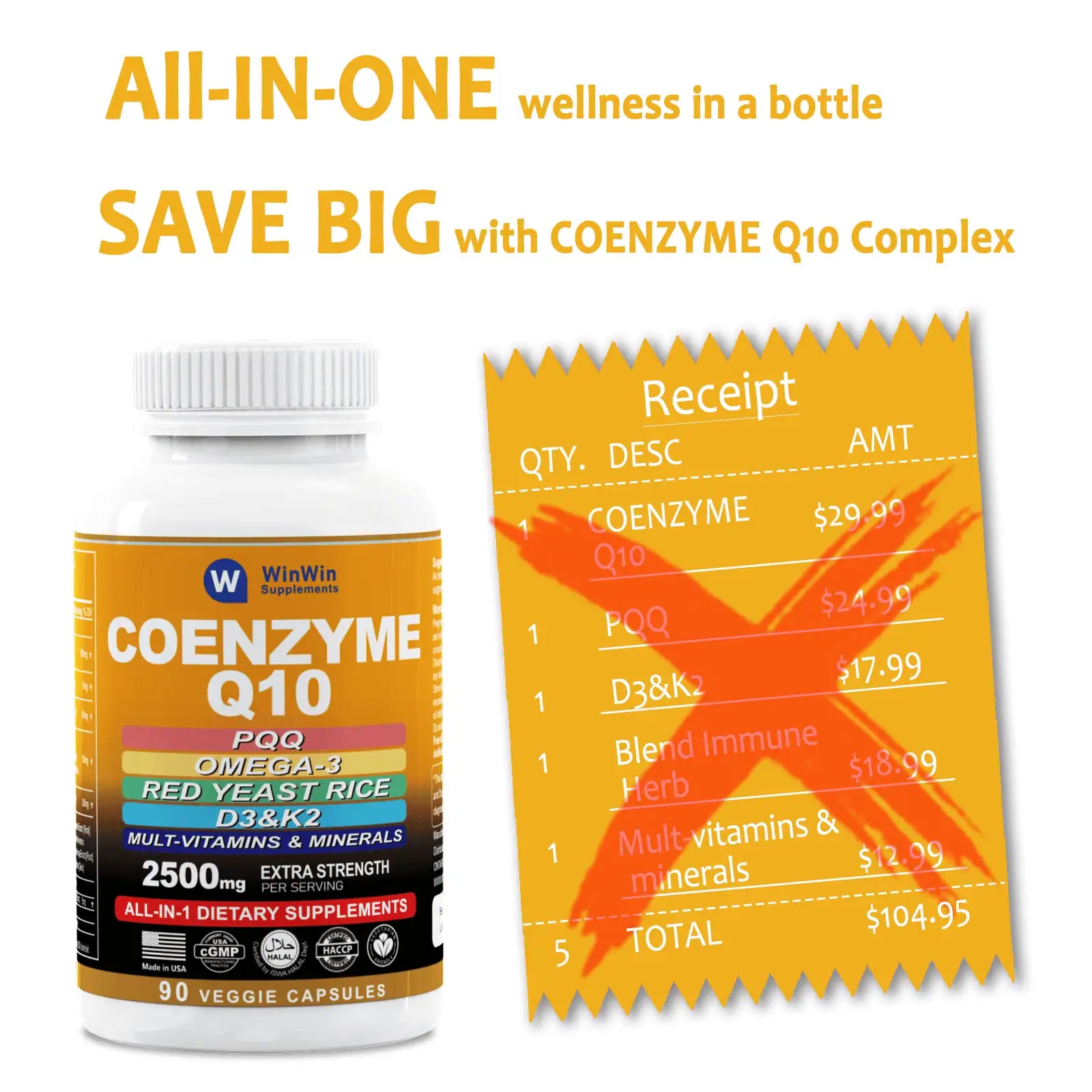 CoQ10 |  Coenzyme 10 Supplement 10000mg, PQQ, Omega 3 Fish Oil, Red Yeast Rice with Multivitamin D3&K2, 90 Capsules