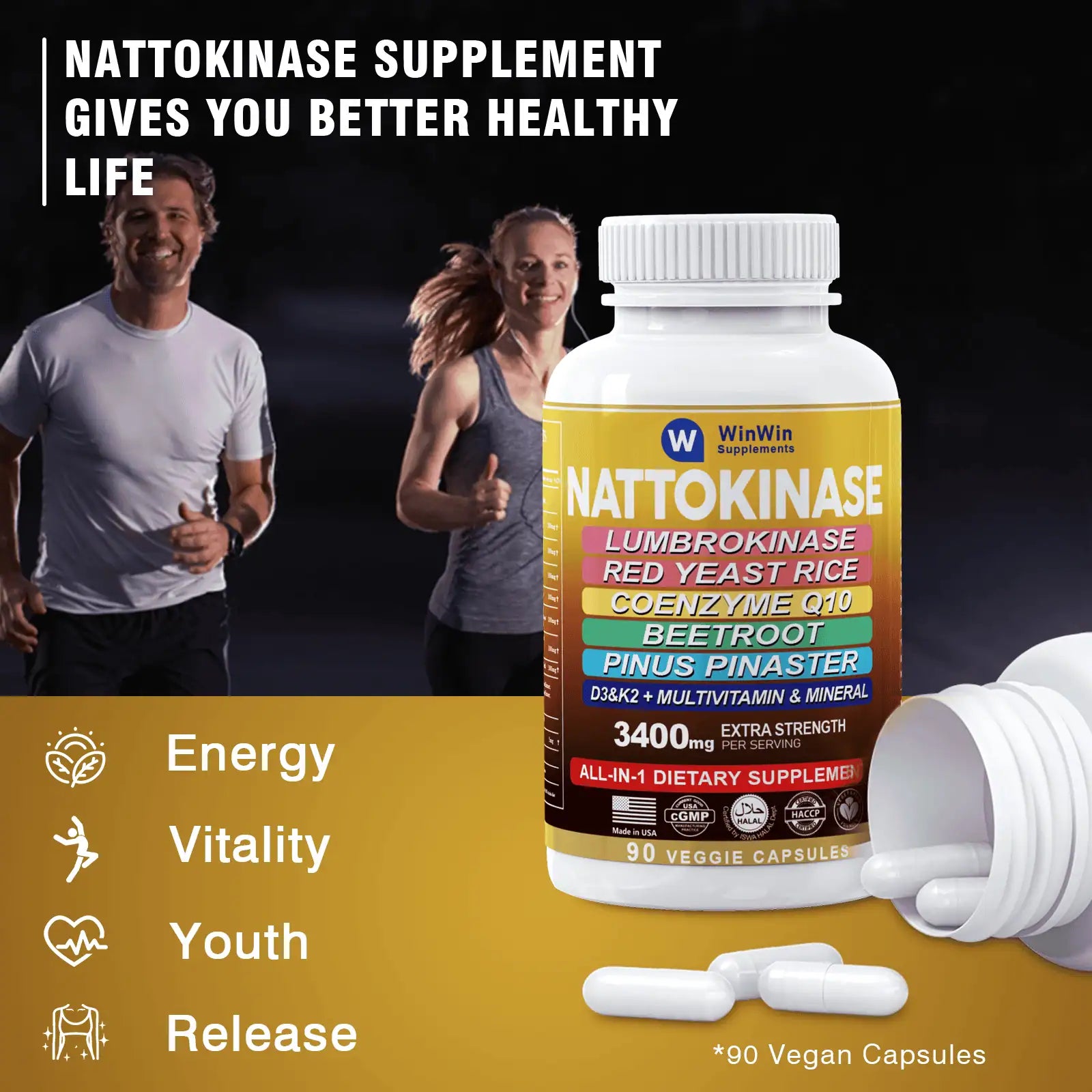 Nattokinase Supplement 4000 Fu Organic Red Yeast Rice Lumbrokinase Cholesterol Lowering Supplements With Coq10 100mg Beetroot Pine Bark Multivitamin & Minerals Vitamin D3 K2,Made In USA