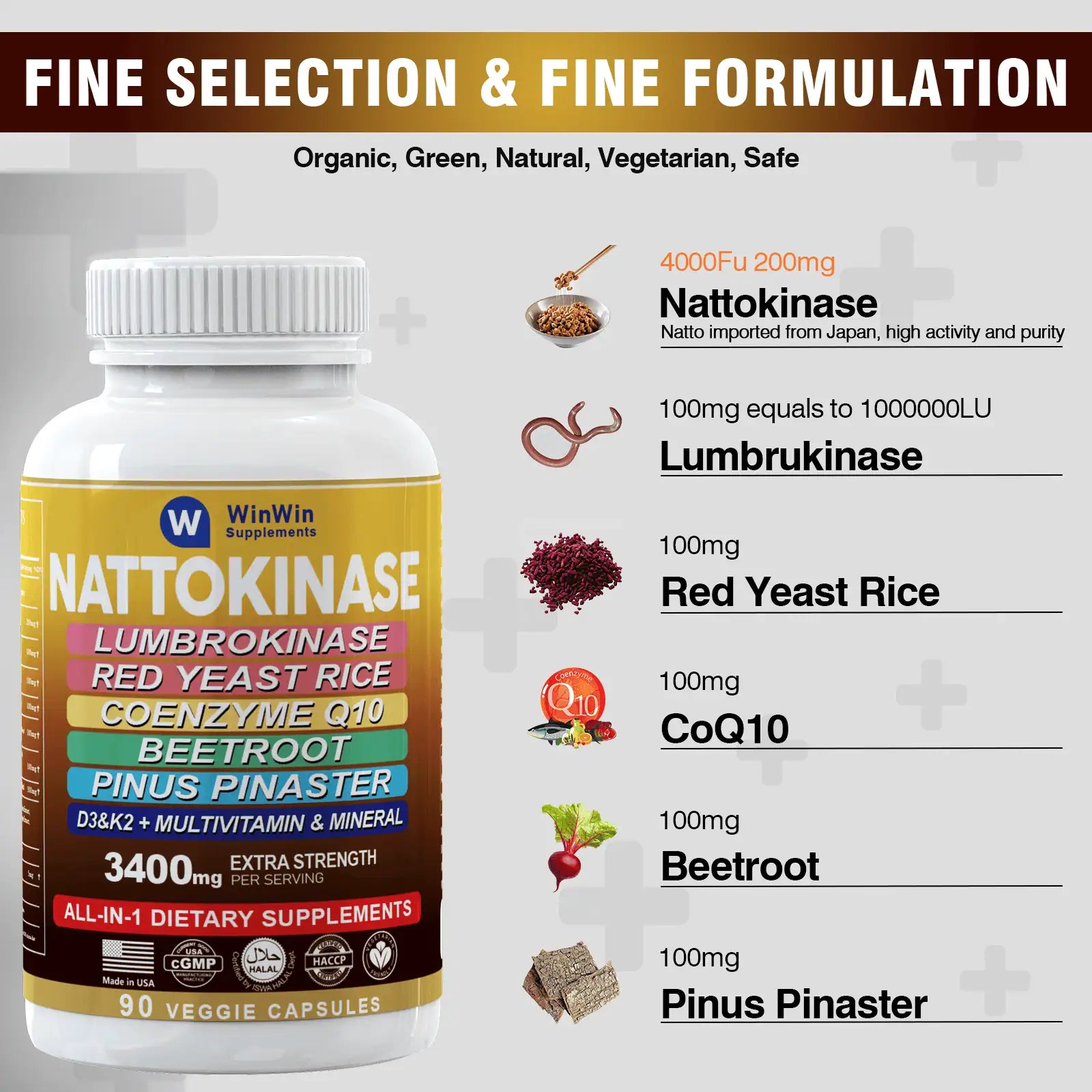 Nattokinase Supplement 4000 Fu Organic Red Yeast Rice Lumbrokinase Cholesterol Lowering Supplements With Coq10 100mg Beetroot Pine Bark Multivitamin & Minerals Vitamin D3 K2,Made In USA