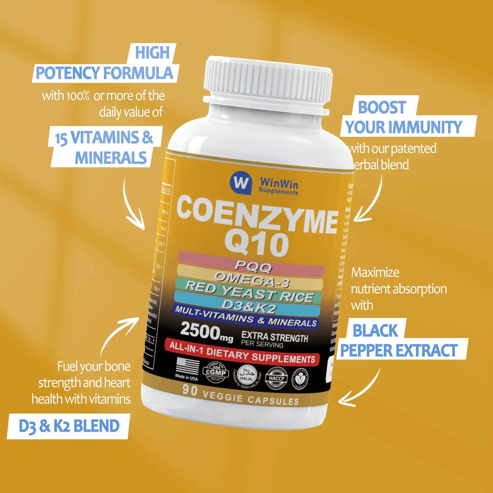 CoQ10 |  Coenzyme 10 Supplement 10000mg, PQQ, Omega 3 Fish Oil, Red Yeast Rice with Multivitamin D3&K2, 90 Capsules