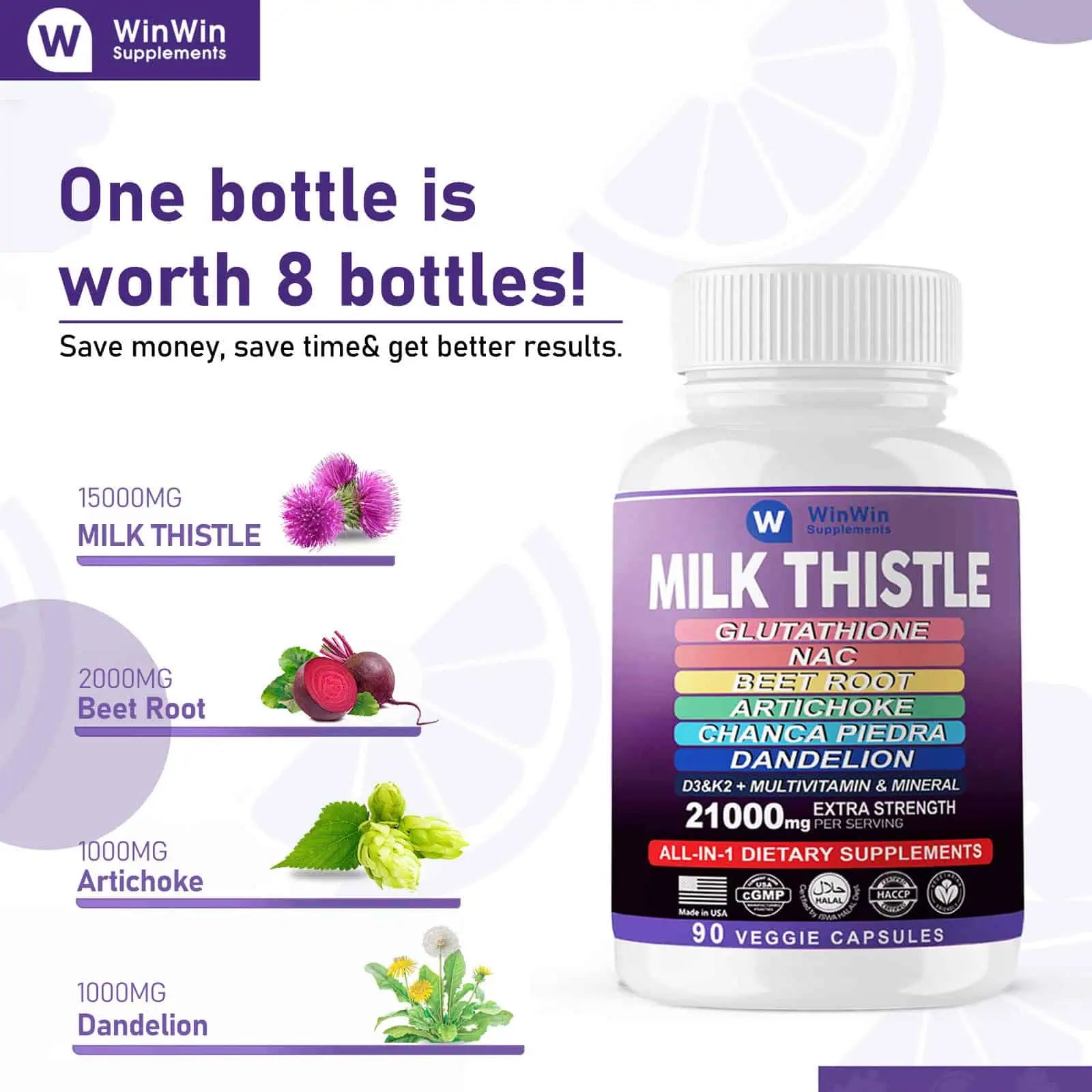 Milk Thistle Supplement 15000mg, Glutathione, NAC, Beet Root, Artichoke, Chanca Piedra, Dandelion with Multivitamins and Minerals D3&K2, 90 Capsules