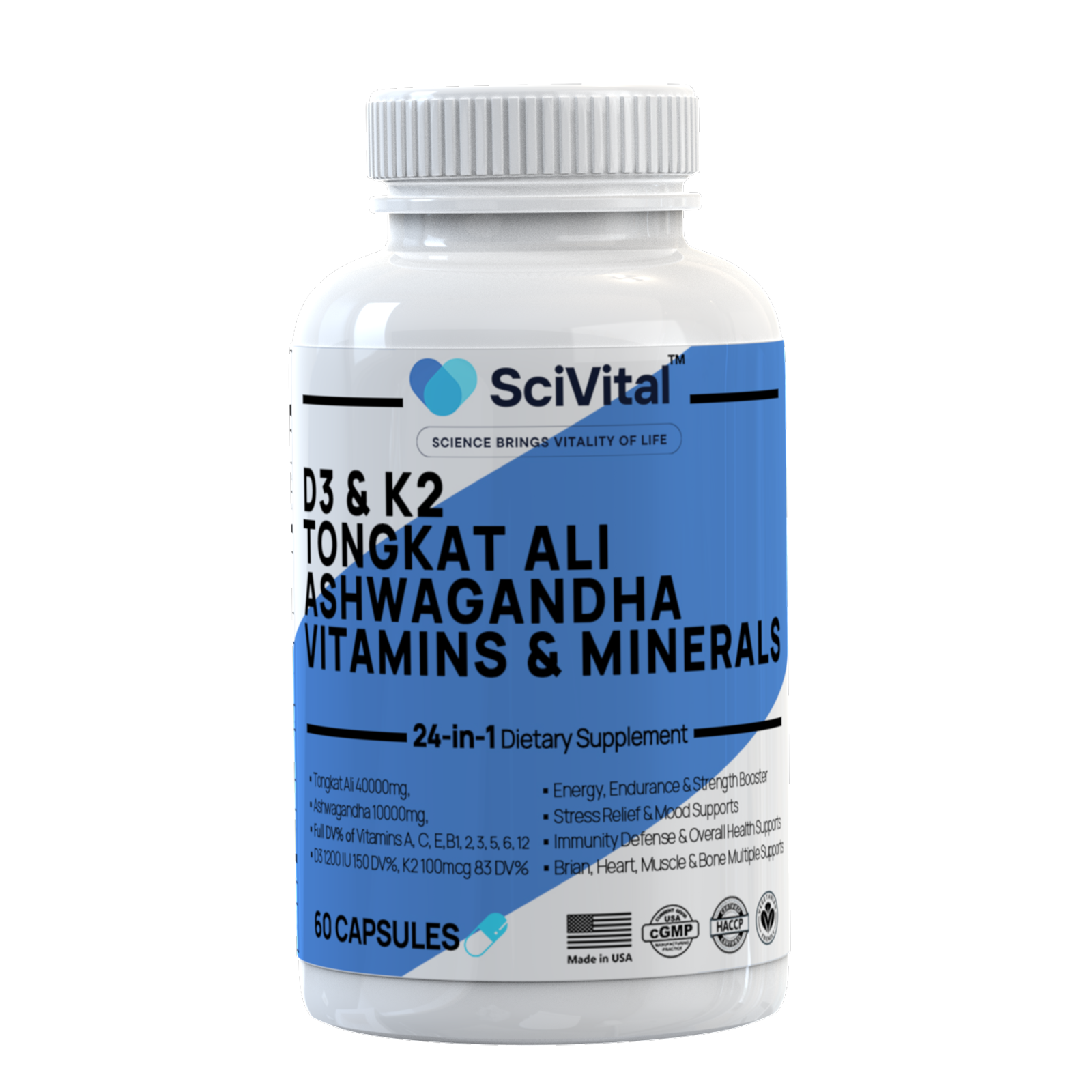 Ashwagandha 10000mg Tongkat Ali 40000mg Supplement with Multivitamin D3 K2 - Men's Health & Stress, Mood, Energy, Endurance Support - Ashwagandha Capsules Tongkat Ali for Men USA - 60 Count
