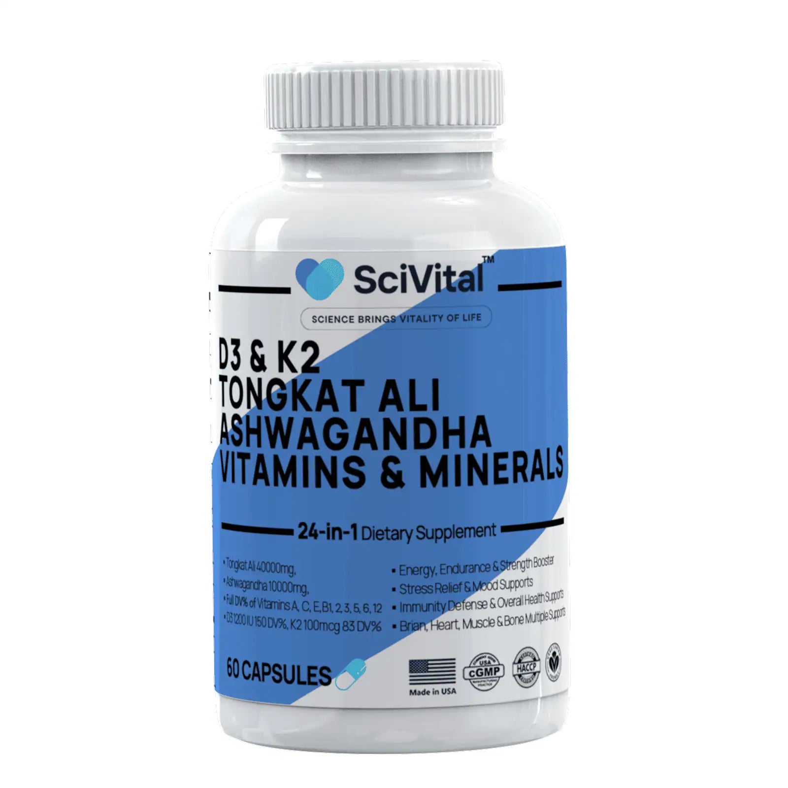 Ashwagandha 10000mg Tongkat Ali 40000mg Supplement with Multivitamin D3 K2 - Men's Health & Stress, Mood, Energy, Endurance Support - Ashwagandha Capsules Tongkat Ali for Men USA - 60 Count