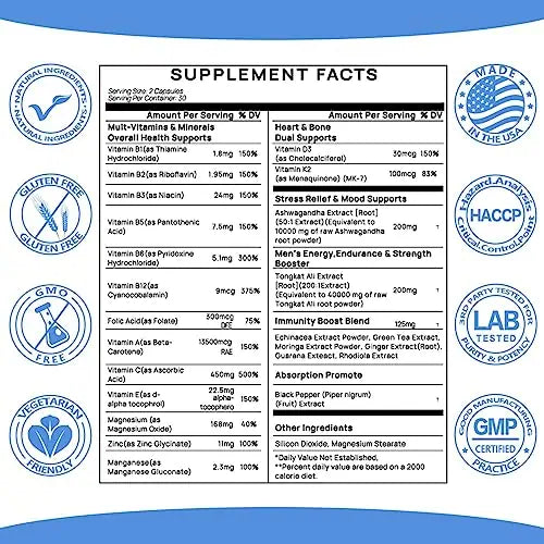 Ashwagandha 10000mg Tongkat Ali 40000mg Supplement with Multivitamin D3 K2 - Men's Health & Stress, Mood, Energy, Endurance Support - Ashwagandha Capsules Tongkat Ali for Men USA - 60 Count