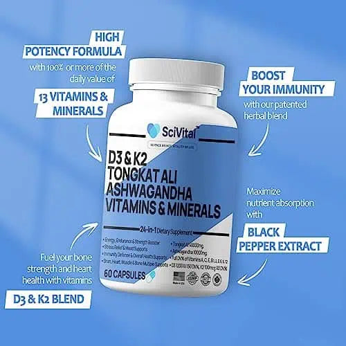 Ashwagandha 10000mg Tongkat Ali 40000mg Supplement with Multivitamin D3 K2 - Men's Health & Stress, Mood, Energy, Endurance Support - Ashwagandha Capsules Tongkat Ali for Men USA - 60 Count
