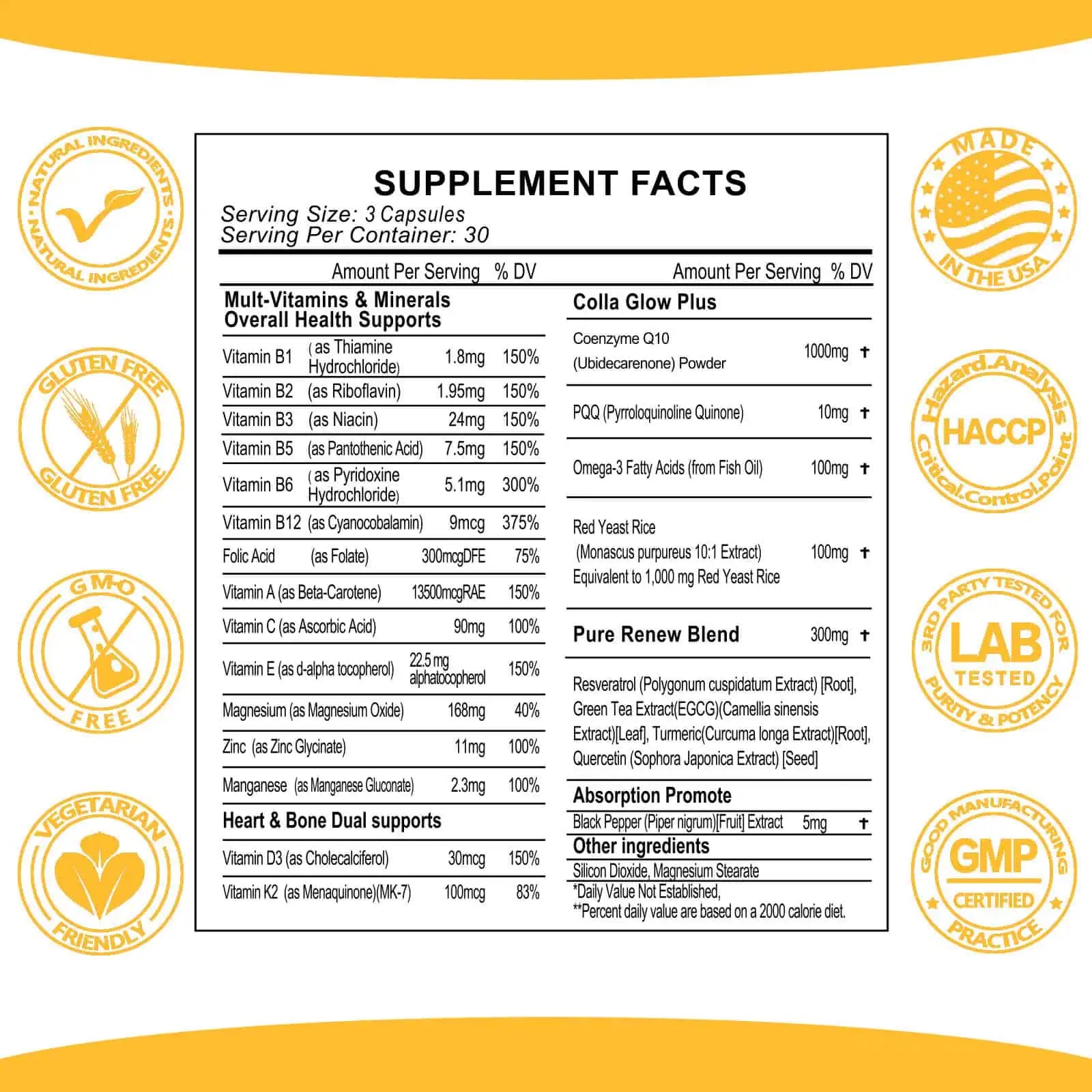 CoQ10 |  Coenzyme 10 Supplement 10000mg, PQQ, Omega 3 Fish Oil, Red Yeast Rice with Multivitamin D3&K2, 90 Capsules