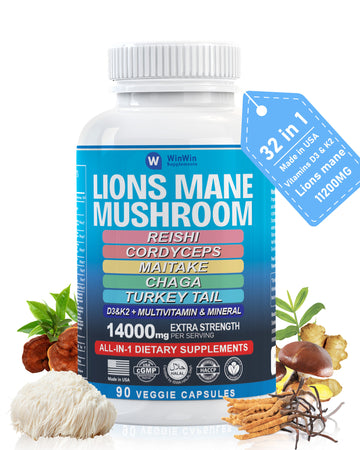 Lions mane powder Supplement Capsules11200mg Organic Cordyceps Reishi Mushroom1000mg Maitake Turkey Tail Chaga，Mushroom Supplement Immune enhancement D3&K2 Vitamins Minerals 32in1 Made In USA