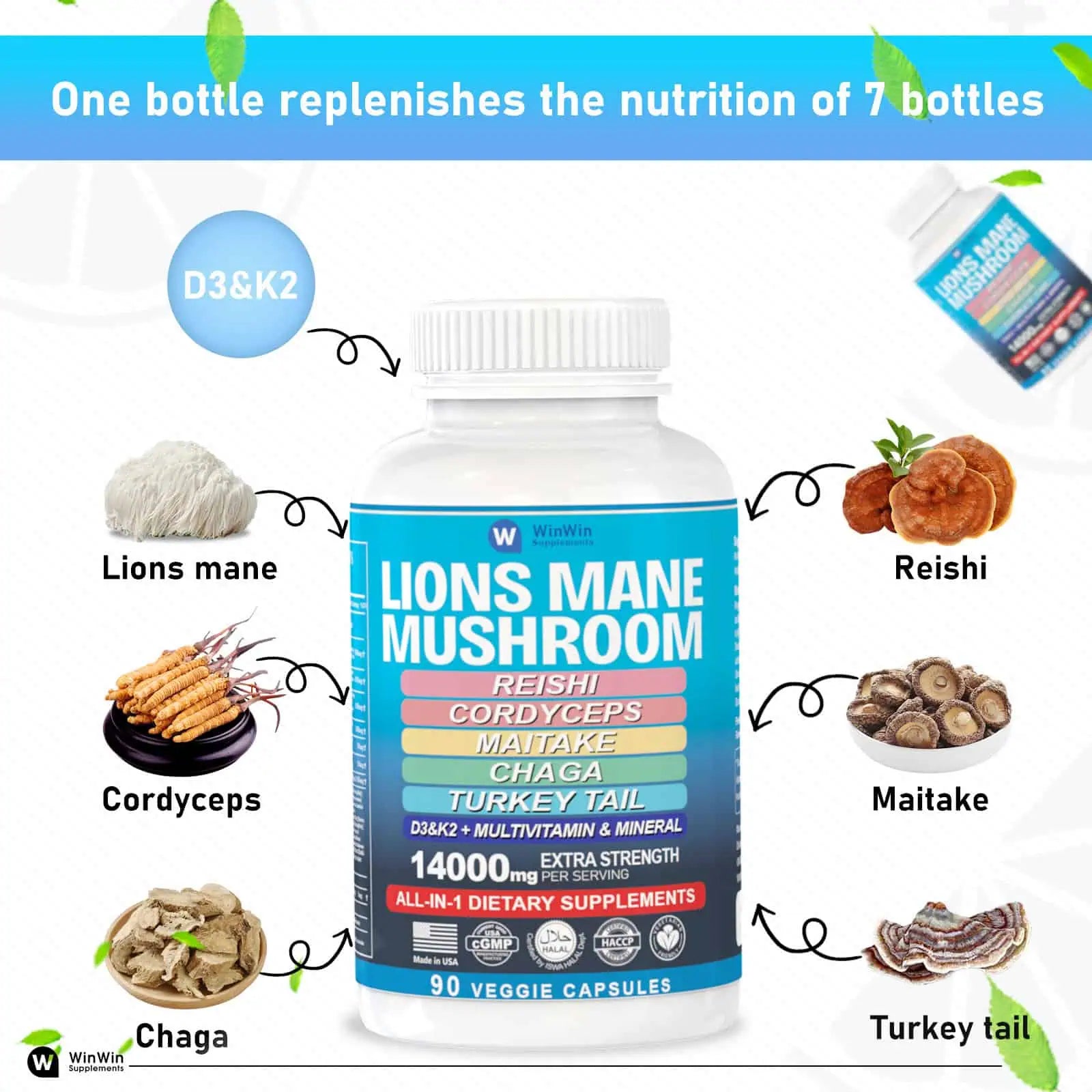 Lions Mane Mushroom Supplement 11200mg, Reishi, Maitake, Chaga, with Multivitamins and Minerals D3&K2, 90 Capsules