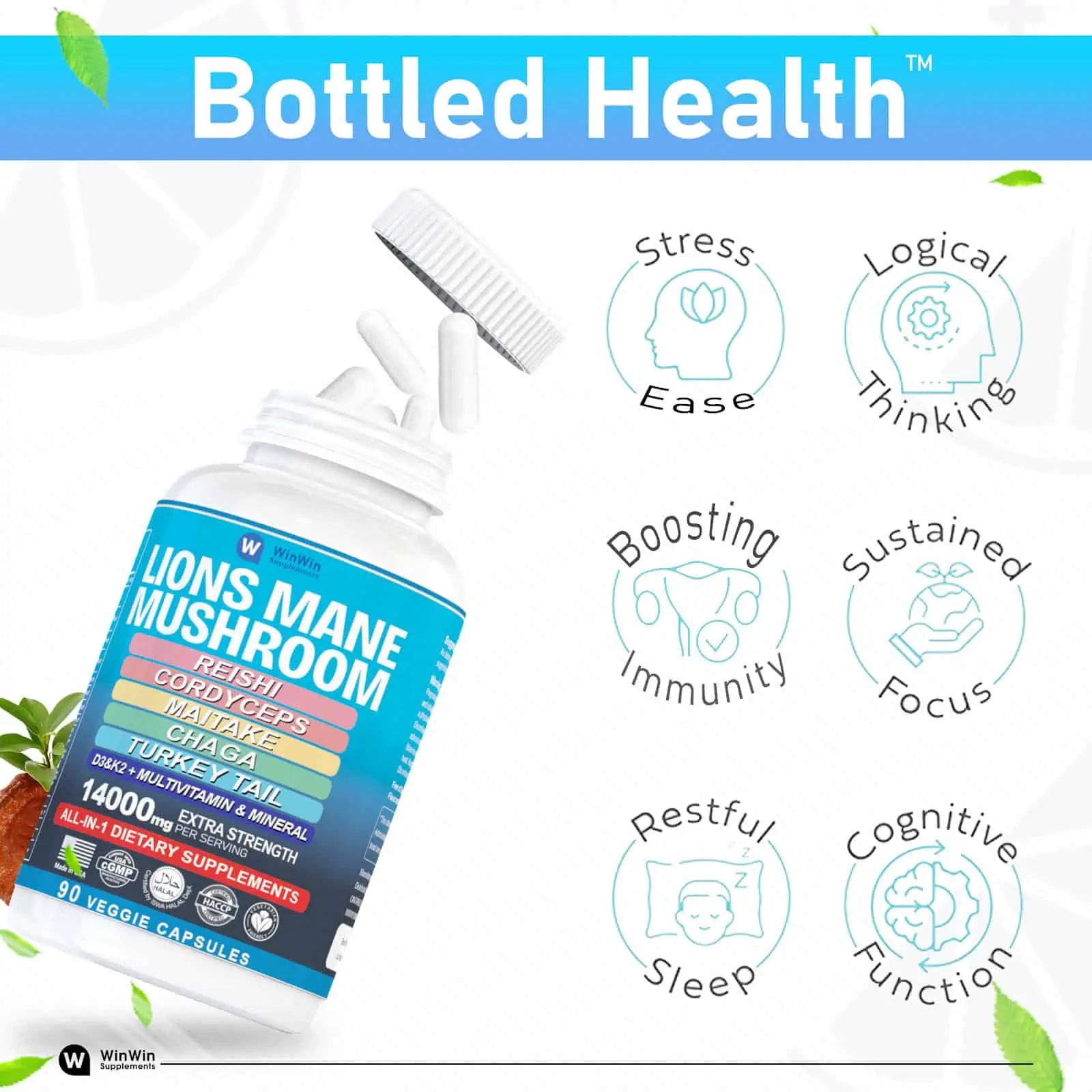 Lions Mane Mushroom Supplement 11200mg, Reishi, Maitake, Chaga, with Multivitamins and Minerals D3&K2, 90 Capsules