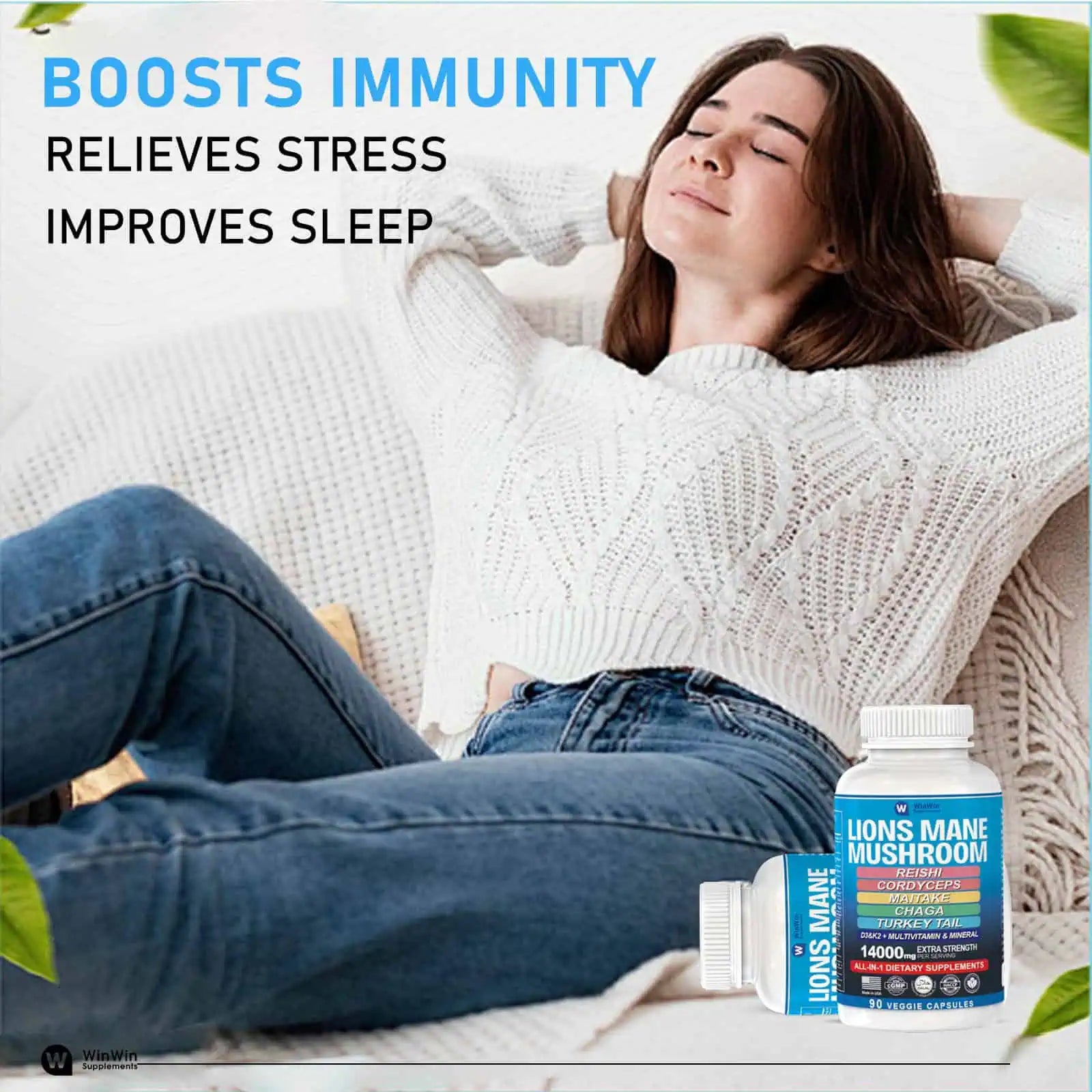 Lions Mane Mushroom Supplement 11200mg, Reishi, Maitake, Chaga, with Multivitamins and Minerals D3&K2, 90 Capsules