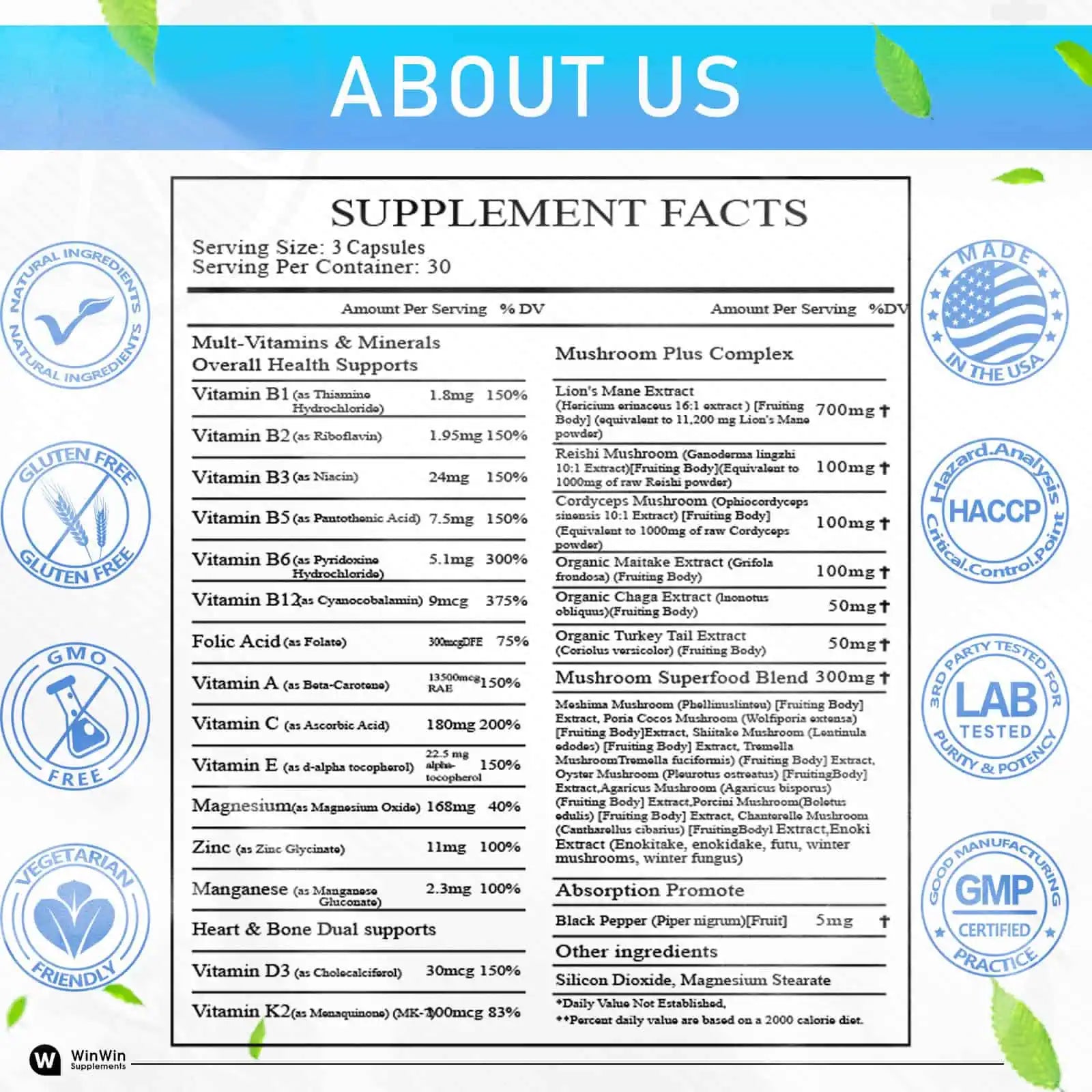 Lions Mane Mushroom Supplement 11200mg, Reishi, Maitake, Chaga, with Multivitamins and Minerals D3&K2, 90 Capsules