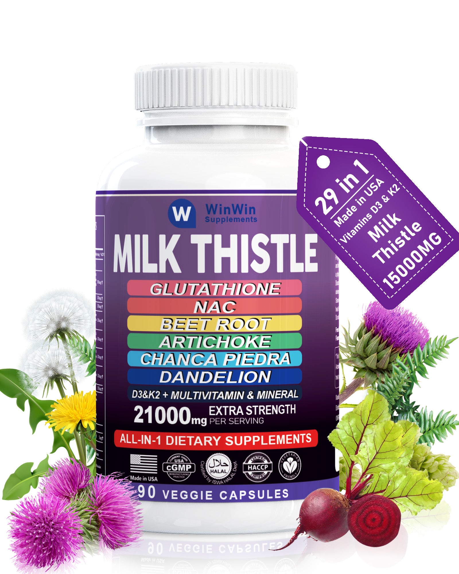 Milk Thistle Supplement 15000mg Organic Artichoke Chanca Piedra Dandelion Liver Protection Supplement Contains Glutathione NAC Beetroot Powder D3&K2 vitamins Mineral (29-IN-1)Made In USA