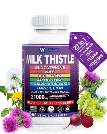 Milk Thistle Supplement 15000mg Organic Artichoke Chanca Piedra Dandelion Liver Protection Supplement Contains Glutathione NAC Beetroot Powder D3&K2 vitamins Mineral (29-IN-1)Made In USA