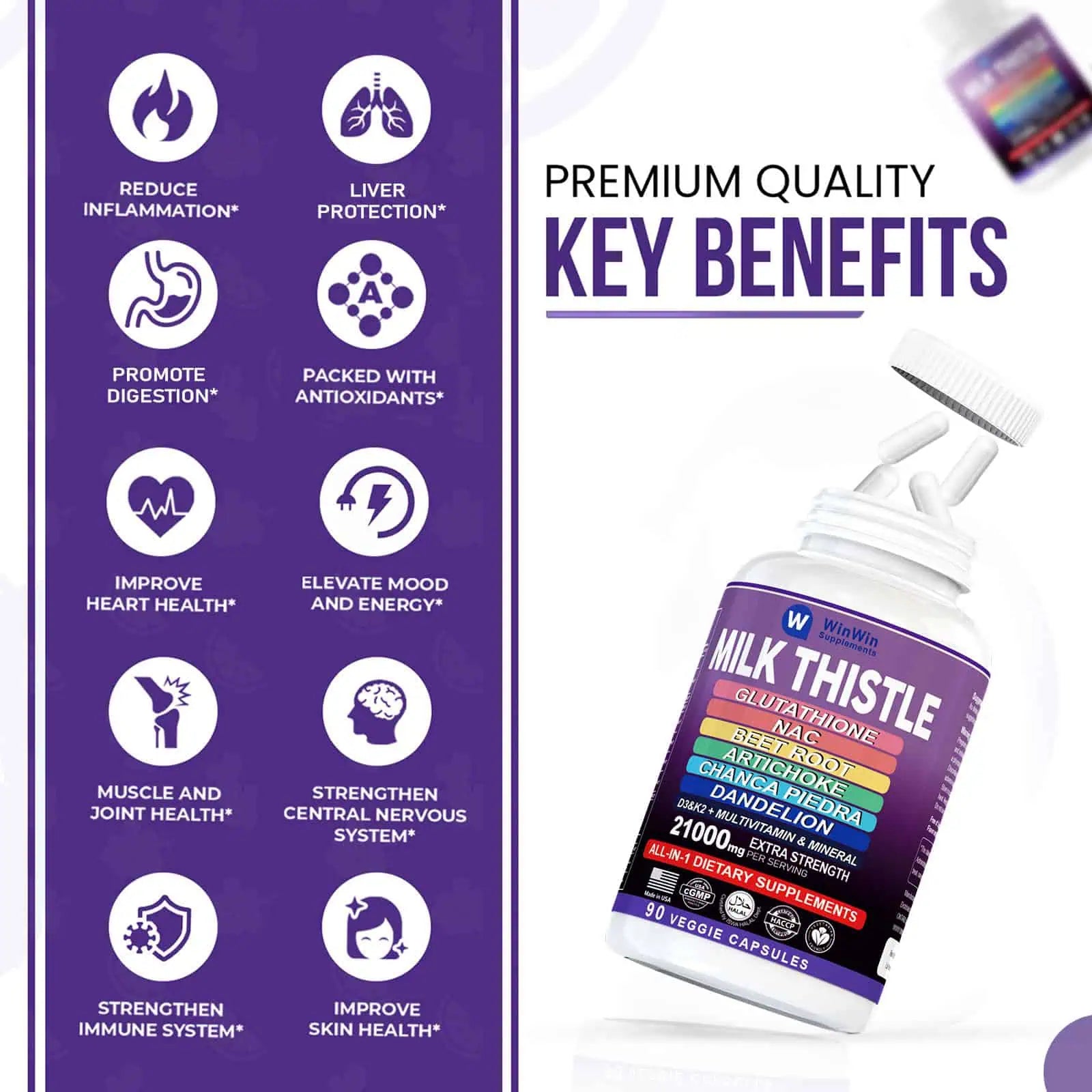 Milk Thistle Supplement 15000mg, Glutathione, NAC, Beet Root, Artichoke, Chanca Piedra, Dandelion with Multivitamins and Minerals D3&K2, 90 Capsules