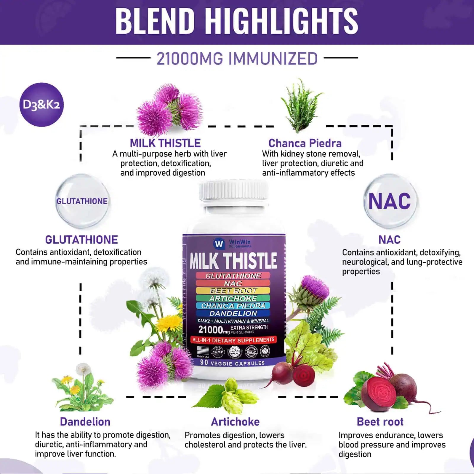 Milk Thistle Supplement 15000mg, Glutathione, NAC, Beet Root, Artichoke, Chanca Piedra, Dandelion with Multivitamins and Minerals D3&K2, 90 Capsules