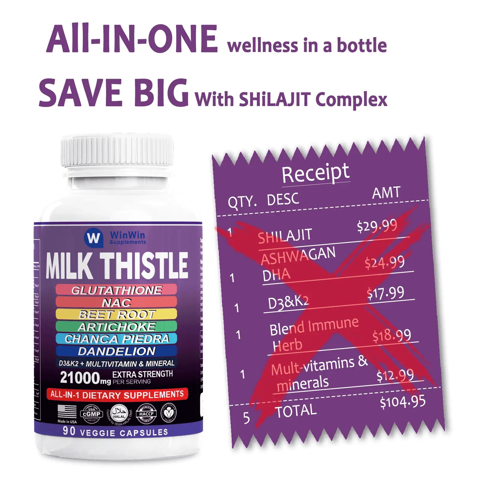 Milk Thistle Supplement 15000mg, Glutathione, NAC, Beet Root, Artichoke, Chanca Piedra, Dandelion with Multivitamins and Minerals D3&K2, 90 Capsules