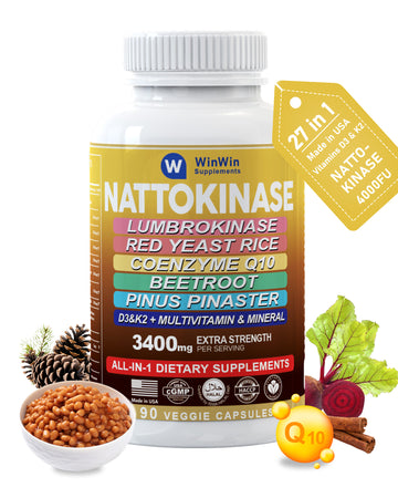 Nattokinase Supplement 4000 Fu Organic Red Yeast Rice Lumbrokinase Cholesterol Lowering Supplements With Coq10 100mg Beetroot Pine Bark Multivitamin & Minerals Vitamin D3 K2,Made In USA