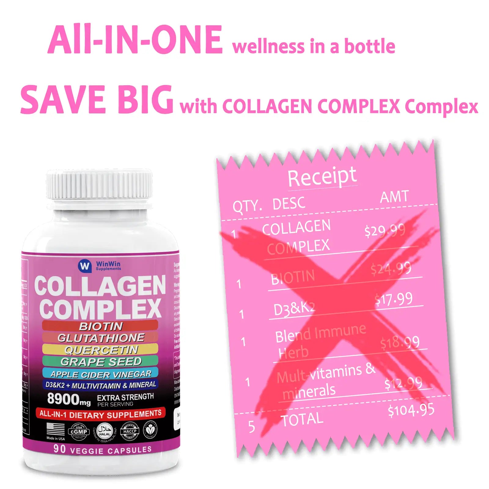 Collagen Complex Supplement 10000mg, Biotin, Glutathione, Quercetin, Grape Seed with Multivitamins and Minerals, 90 capsules