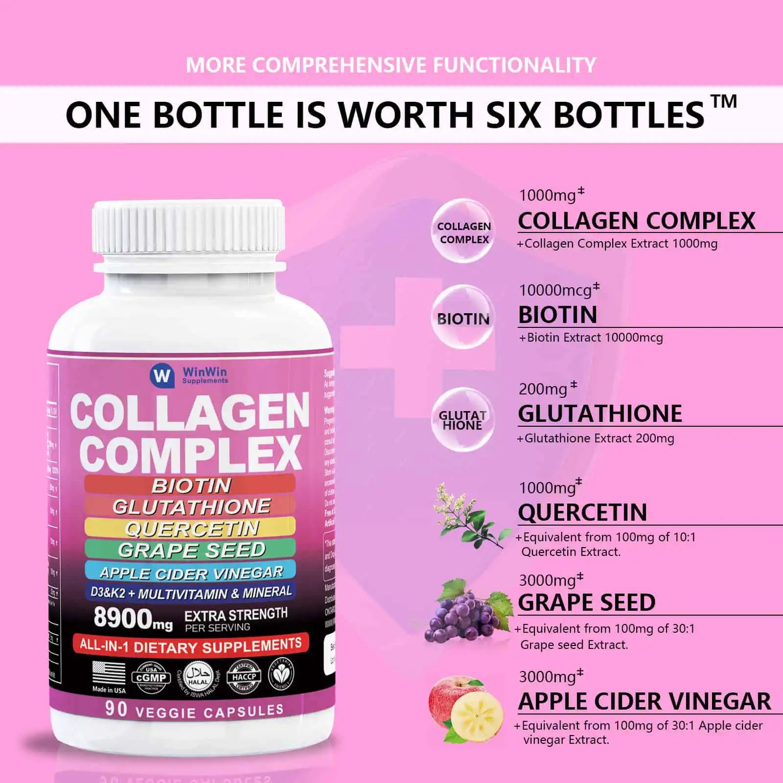 Collagen Complex Supplement 10000mg, Biotin, Glutathione, Quercetin, Grape Seed with Multivitamins and Minerals, 90 capsules