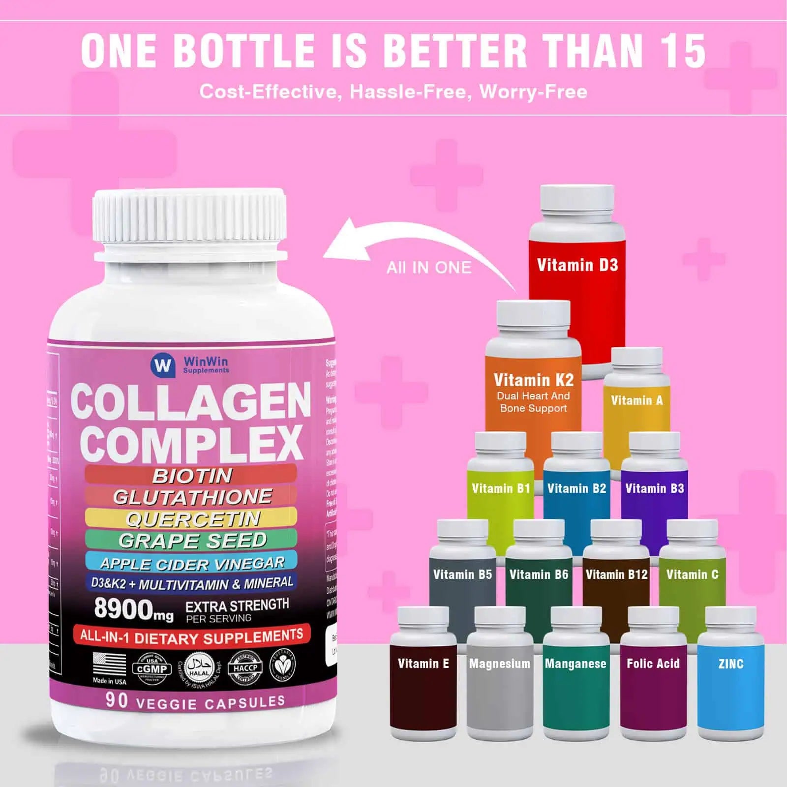 Collagen Complex Supplement 10000mg, Biotin, Glutathione, Quercetin, Grape Seed with Multivitamins and Minerals, 90 capsules