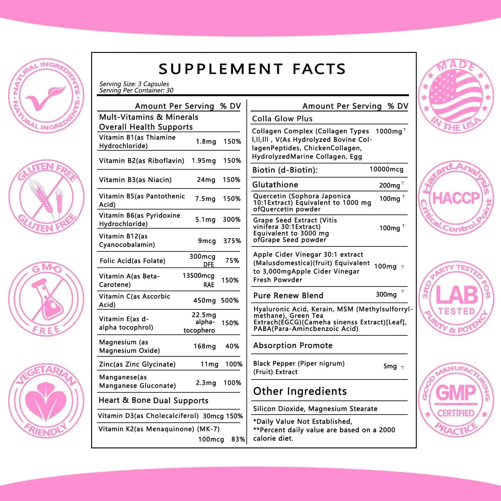 Collagen Complex Supplement 10000mg, Biotin, Glutathione, Quercetin, Grape Seed with Multivitamins and Minerals, 90 capsules