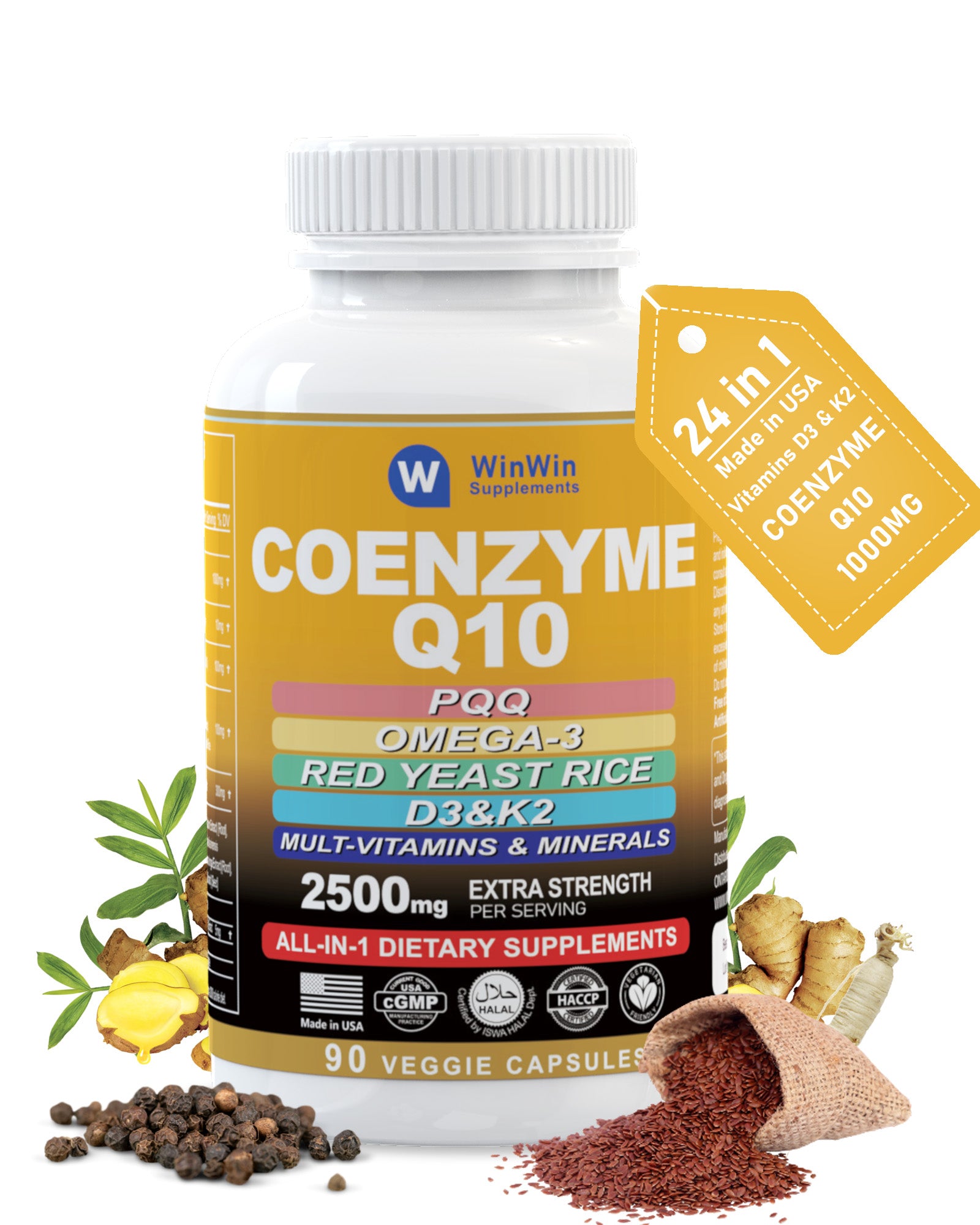 Coq10 1000mg PQQ Omega 3 Fish Oil Red Yeast Rice for Cholesterol Immune Energy Support Supplement with Multivitamin D3 K2 & C and Green Tea Resveratrol Quercetin Turmeric