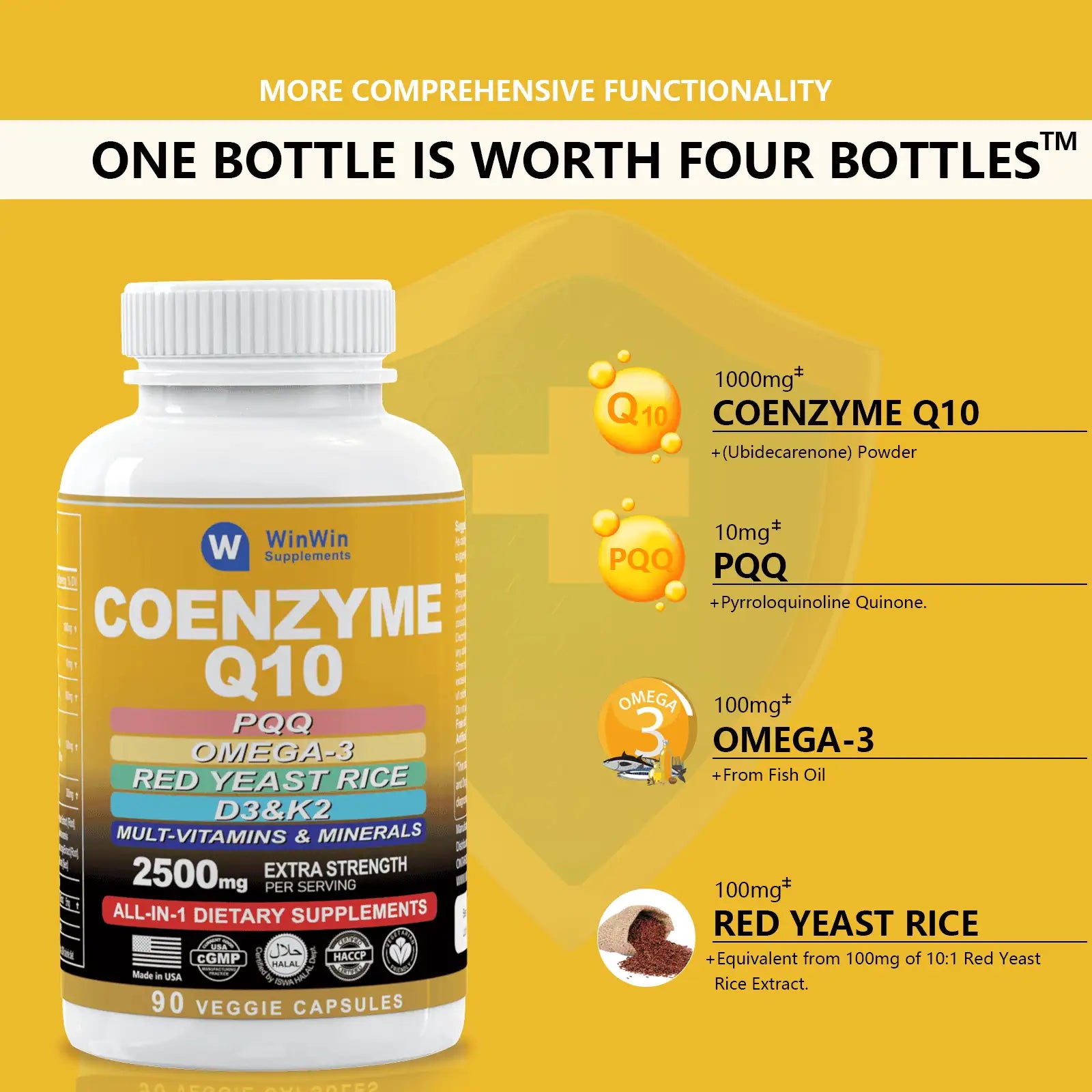 CoQ10 |  Coenzyme 10 Supplement 10000mg, PQQ, Omega 3 Fish Oil, Red Yeast Rice with Multivitamin D3&K2, 90 Capsules