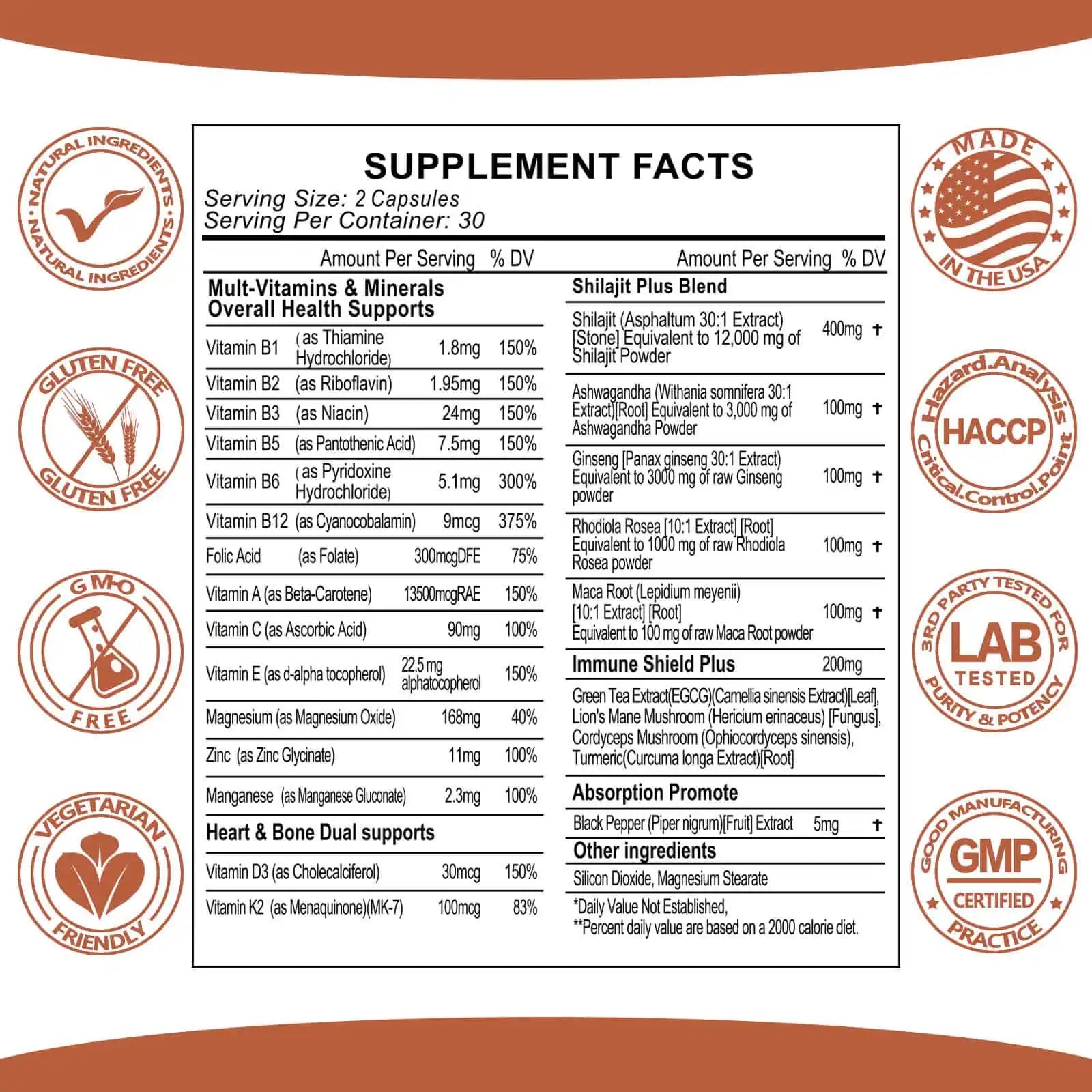 Shilajit Supplement 12000mg, Ashwagandha, Ginseng, Rhodiola Rosea, Maca Root with Multivitamin & Minerals, 60 Capsules