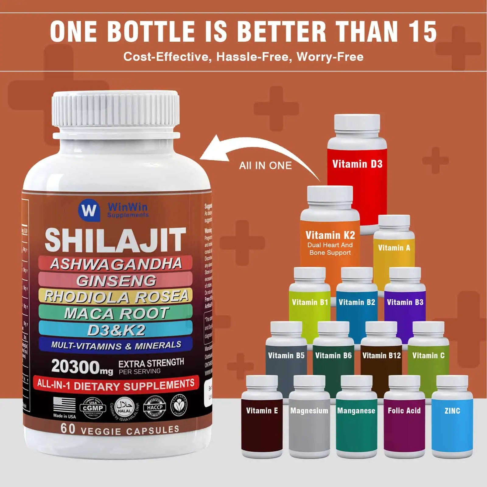 Shilajit Supplement 12000mg, Ashwagandha, Ginseng, Rhodiola Rosea, Maca Root with Multivitamin & Minerals, 60 Capsules