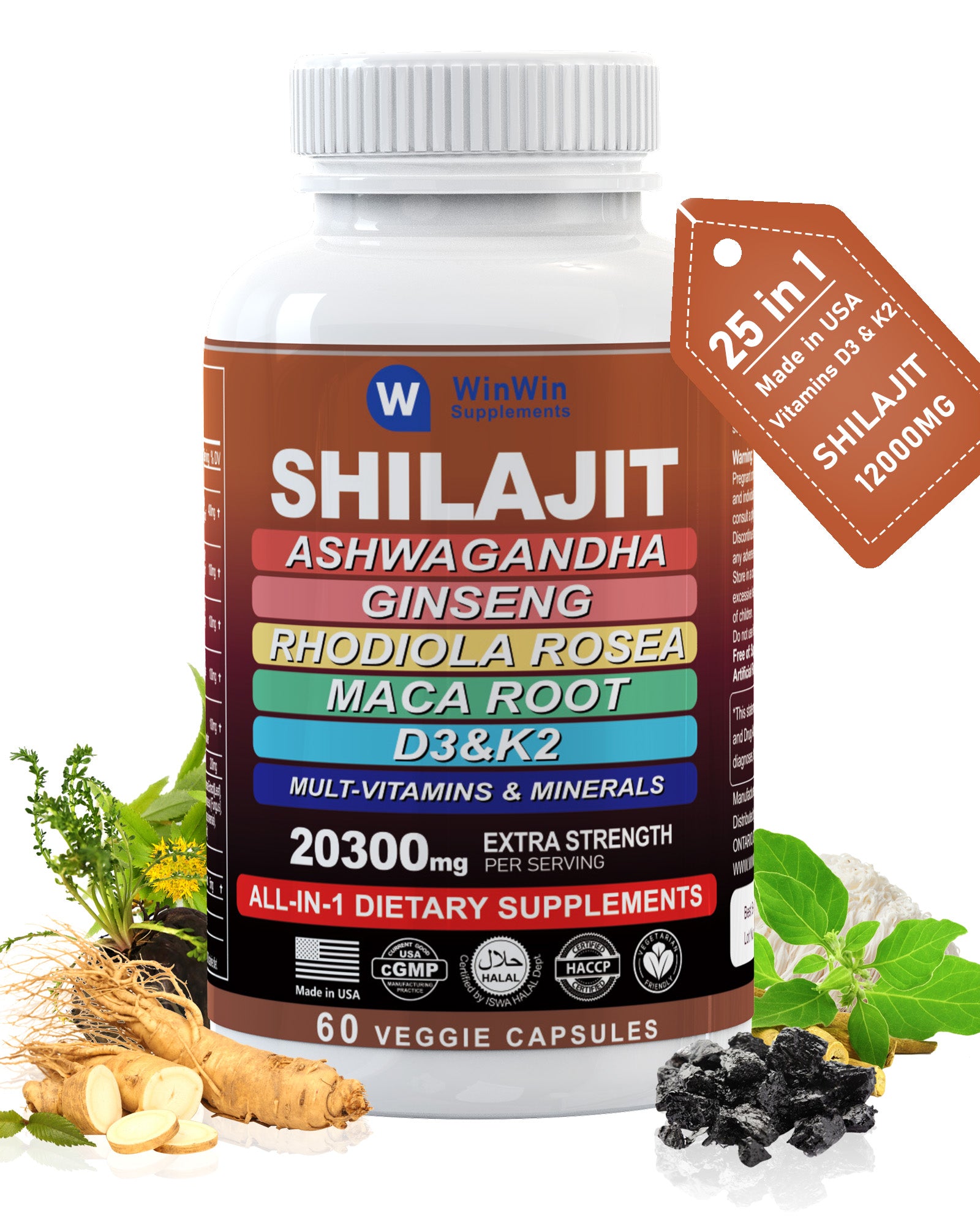 Shilajit Resin Organic 12000mg Ashwagandha Panax Ginseng Rhodiola Rosea Maca Root Turmeric Immune Energy Support Supplements with Multivitamin & Minerals Vitamin C & D3 K2