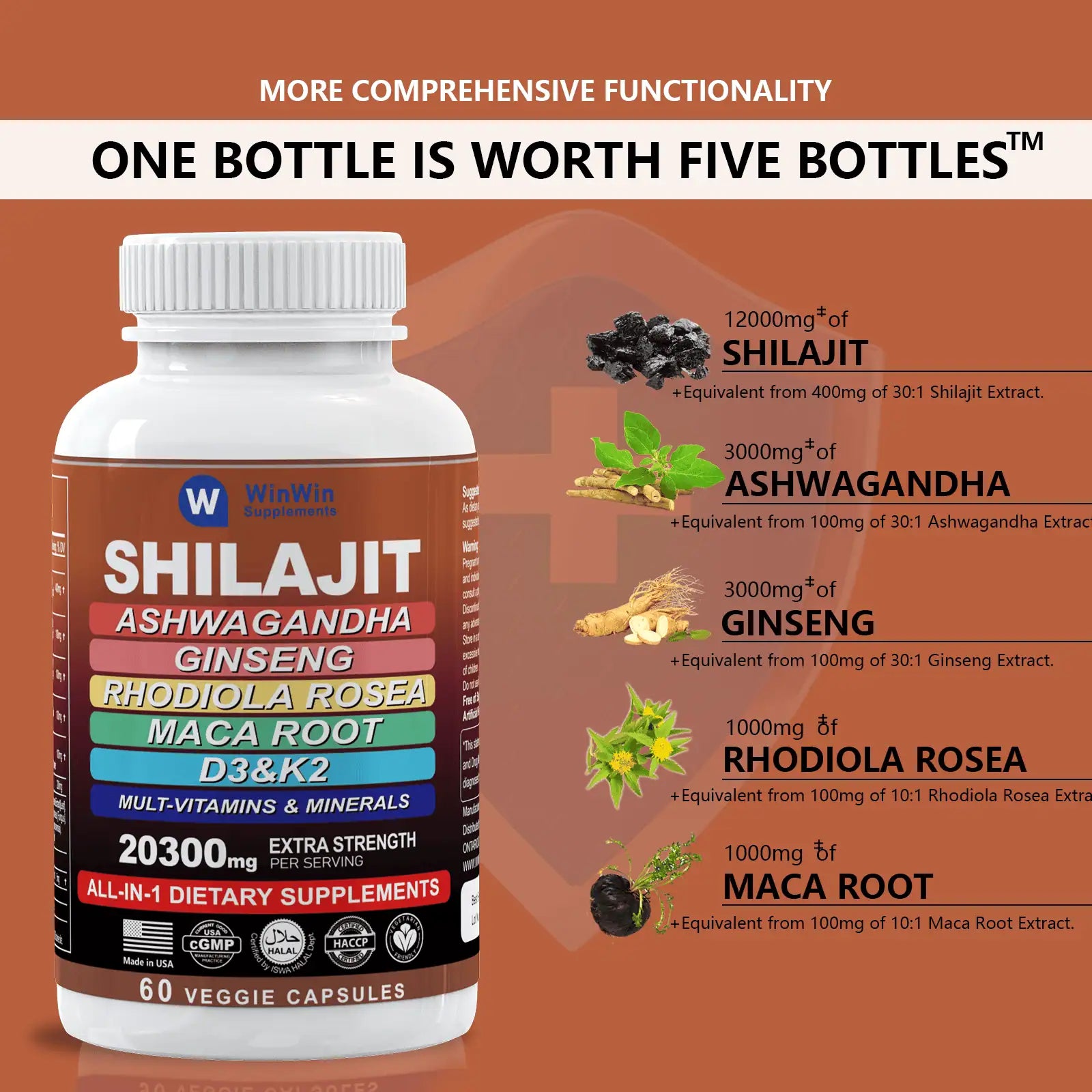 Shilajit Supplement 12000mg, Ashwagandha, Ginseng, Rhodiola Rosea, Maca Root with Multivitamin & Minerals, 60 Capsules